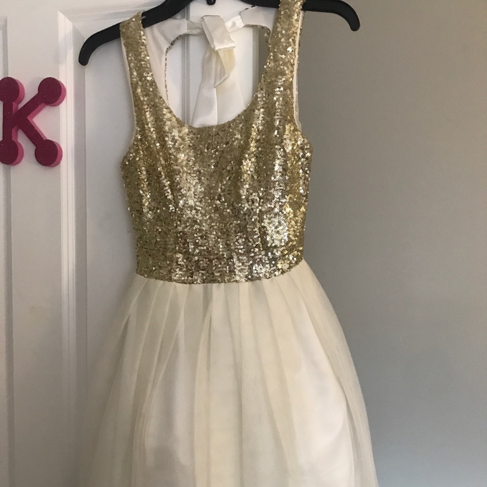 Gold glitter and cream semi formal dress